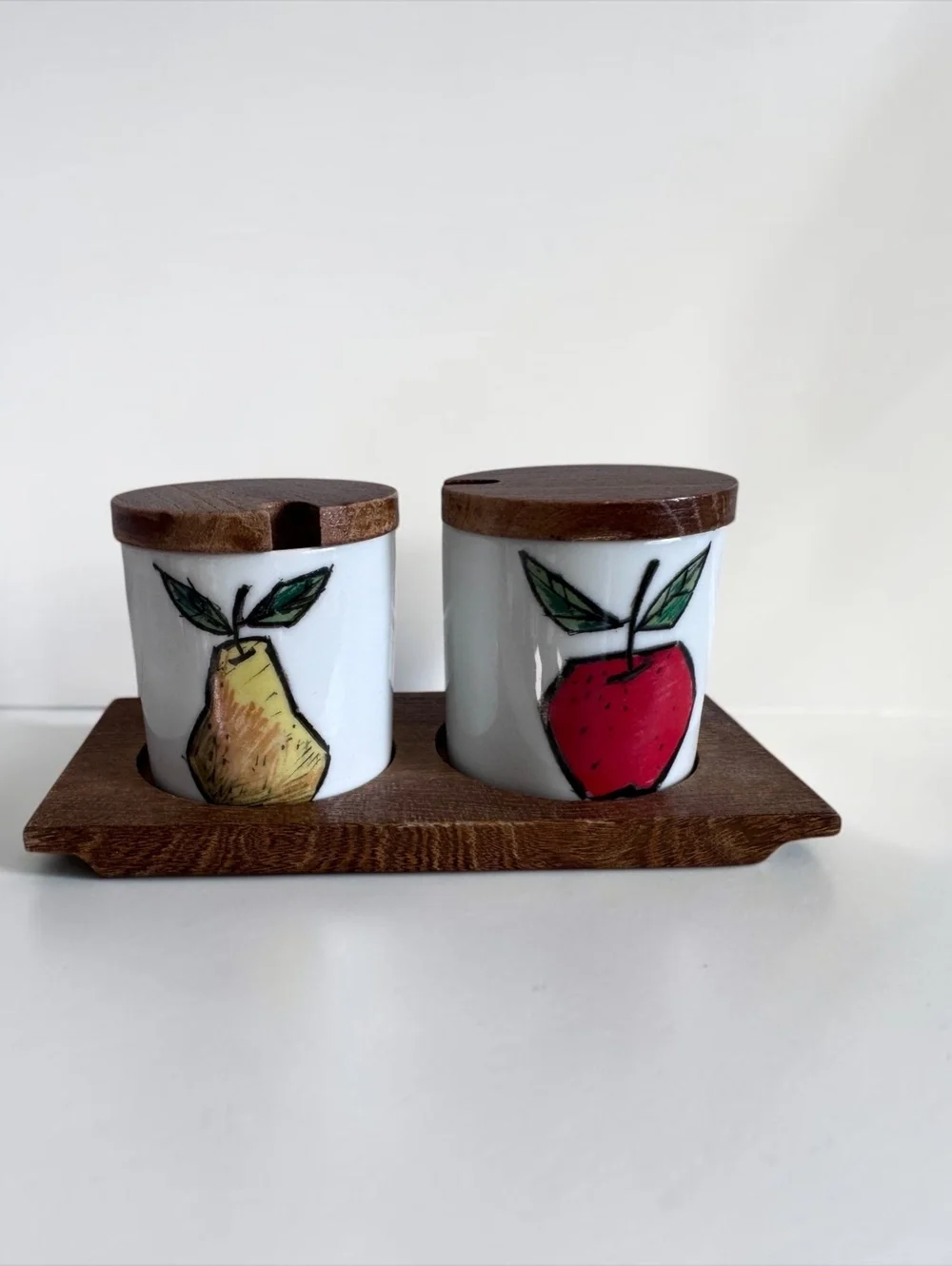 Vintage Japan Fruit Condiment Jars Set of 2 Ceramic Wood Lids & Holder MCM